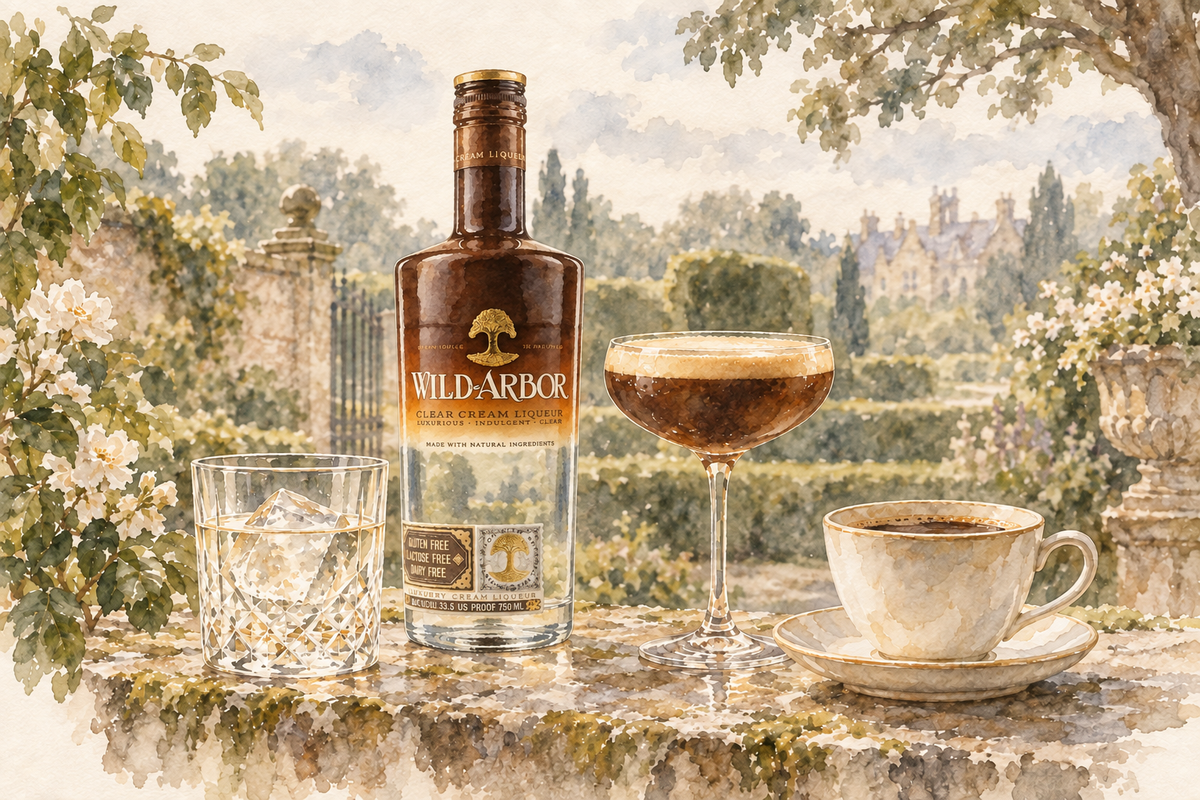 Wild-Arbor Original bottle with a clear serve over ice, coffee and a Golden Espresso Martini in a light English garden watercolor